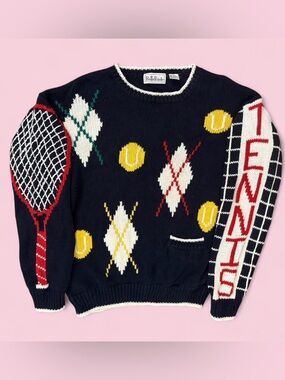 Vintage Belle Pointe Preppy Knit Navy & Cream Tennis Sweater Size Small